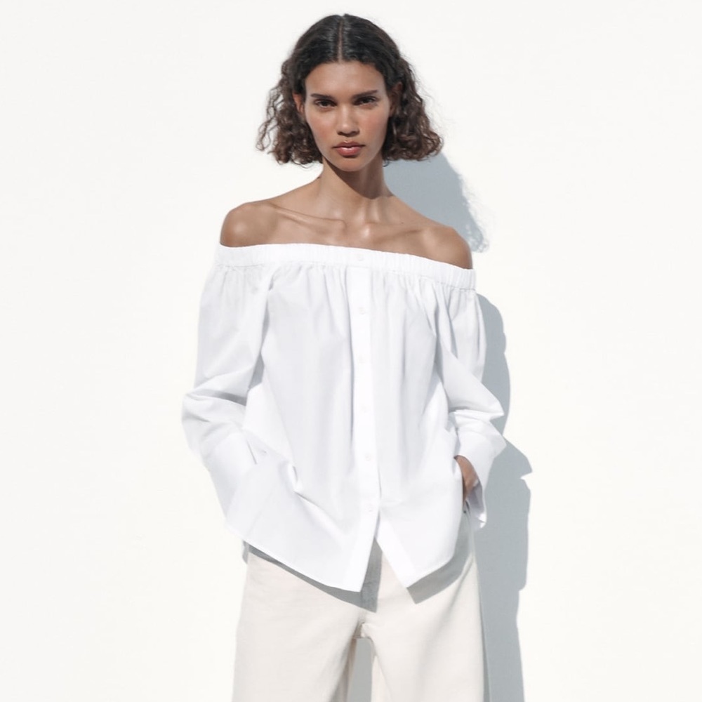 Zara Off The Shoulder Poplin Shirt in White